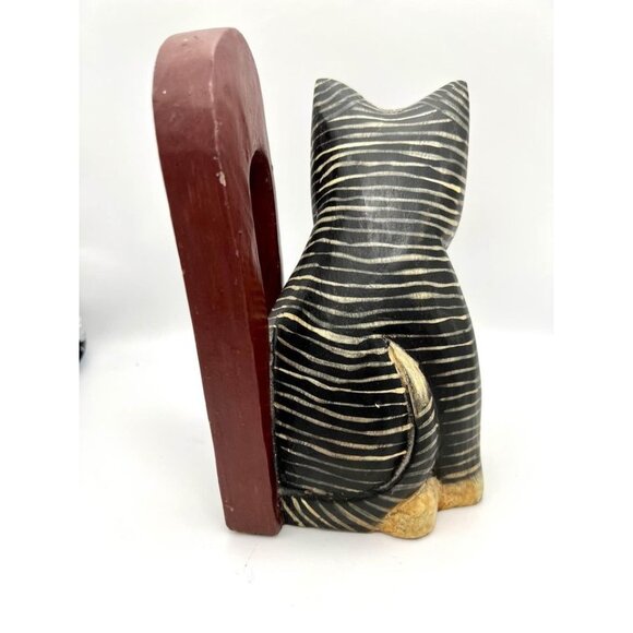 Wood Striped Cat Bookend Carved Folk Primitive Grumpy - Picture 3 of 6